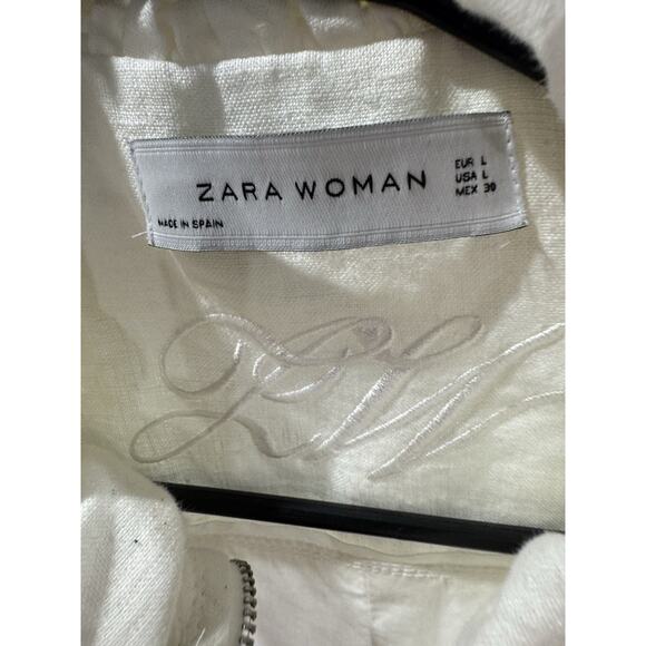 Zara White Linen Jacket Large Ruffle Collar And Cuff Tie Belt Fitted Statement - Picture 7 of 7